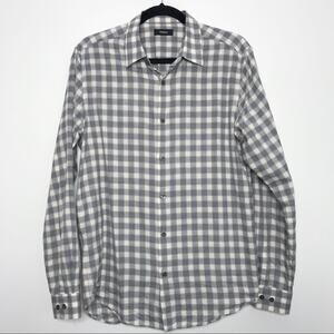 Theory Mens Medium M Desert Check Irving Flanella Button Down Shirt Gray Cotton